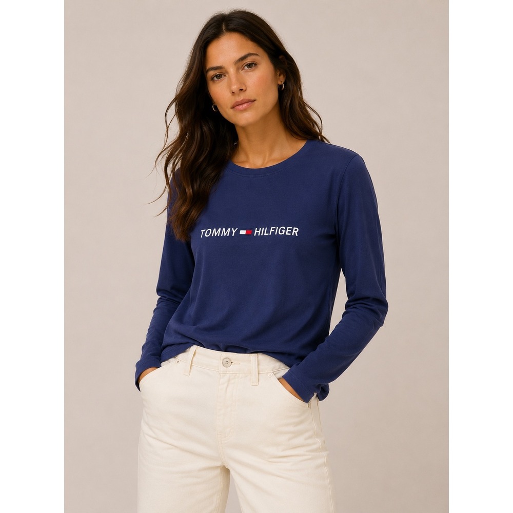 Tommy Hilfiger Women Long Sleeve T-Shirt Small Blue Vintage Sport Logo Crew Neck